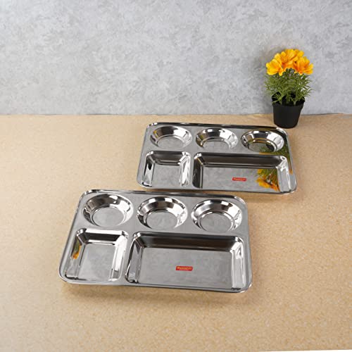 Sumeet Stainless Steel Rectangular 5 in 1 Compartment Lunch / Dinner Plate Set of 2Pcs, 37.4cm Dia, Silver