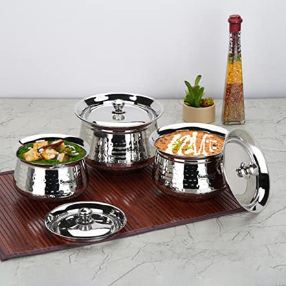 Sumeet Stainless Steel Handcrafted Hammered Texture Handi Set with Lid for Kitchen, Set of 3, 950ml, 1300ml & 1700ml, Silver