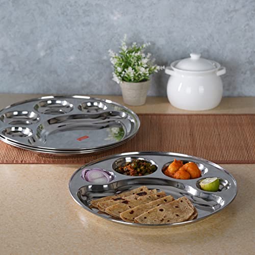 Sumeet Stainless Steel Round 5 in 1 Compartment Lunch / Dinner Plate Set of 4Pcs, 34cm Dia, Silver