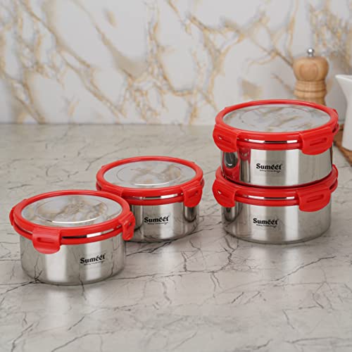 Sumeet Airtight & Leak Proof Steelexo S.S. Container/Lunch Box with Stainless Steel Lid Set Pack of 4Pc (750ML & 900ML) - Silver