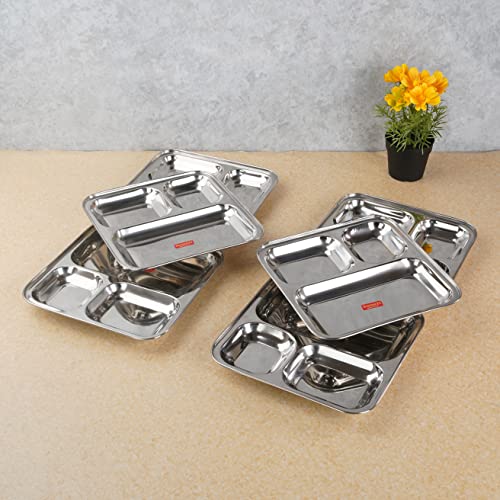 Sumeet Stainless Steel 3 in 1 Idli WADA Compartment Plate / Snack Plate / Breakfast Plate Set of 6Pcs, 24.5cm Dia, Silver