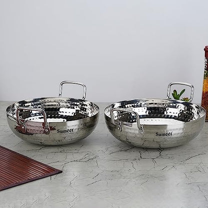 Sumeet Stainless Steel Handcrafted Hammered Mathar Kadai for Kitchen, Big Size, 2850ML & 3550ML, 24cm & 26cm Dia, Pack of 2, Silver