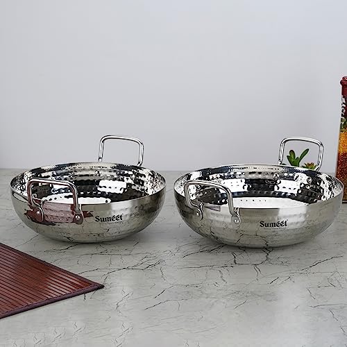 Sumeet Stainless Steel Handcrafted Hammered Mathar Kadai for Kitchen, Big Size, 3550ML & 4200ML, 26cm & 28cm Dia, Pack of 2, Silver