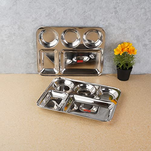 Sumeet Stainless Steel Rectangular 5 in 1 Compartment Lunch / Dinner Plate Set of 2Pcs, 33.5cm Dia, Silver