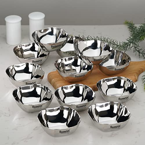 Sumeet Heavy Gauge Stainless Steel Apple Square Bowl/Wati/Katori with Mirror Finish – 8cm Dia, Set of 12pc, 180ML Each - Silver