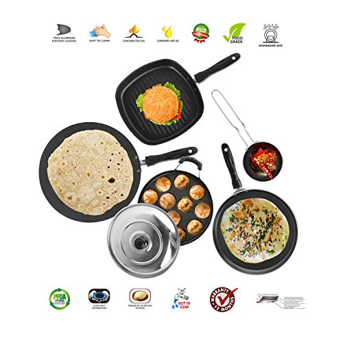 Sumeet 2.6mm Thick Non-Stick Red Tom Cookware Set (Dosa Tawa â€“ 26.5cm Dia + Grill Appam Patra with Lid â€“ 23cm Dia + Grill Pan â€“ 1.1Ltr â€“ 22cm Dia + Tadka Pan â€“ 10cm Dia + Tadka Pan â€“ 10cm Dia)