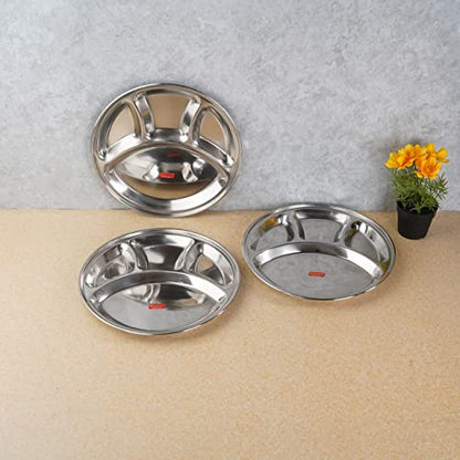 Sumeet Stainless Steel Round 4 in 1 Compartment Lunch / Dinner Plate Set of 3Pcs, 32.5cm Dia, Silver