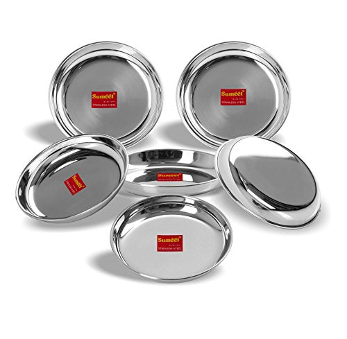 Sumeet Stainless Steel Heavy Gauge Small Halwa Plates with Mirror Finish 14.5cm Dia - Set of 6pc