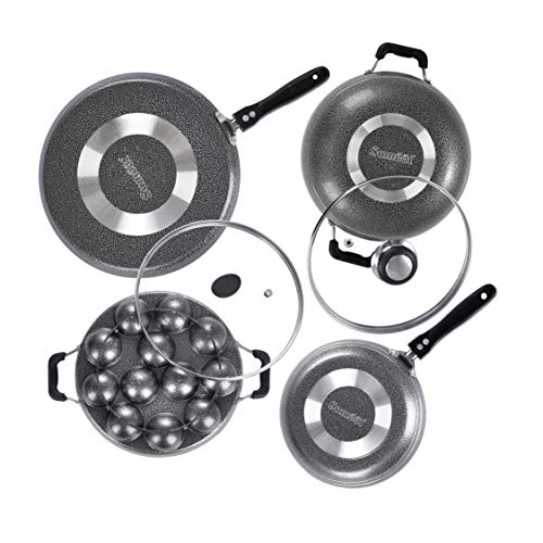 Sumeet NonStick Sort Cookware Set (Dosa Tawa - 26.5Cm Dia + Kadhai with Glass Lid -2Ltr - 22Cm Dia + Grill Appam Patra with Glass Lid - 12 Cavity - 22cm Dia + Tapper pan - 0.6Ltr - 20Cm Dia)