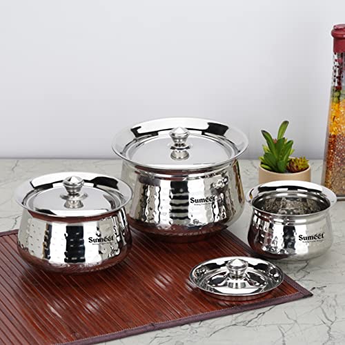 Sumeet Stainless Steel Handcrafted Hammered Texture Handi Set with Lid for Kitchen, Set of 3, 460ml, 950ml & 1700ml, Silver