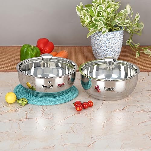 Sumeet Smart Serve Stainless Steel Double Wall Insulated Hot Sabji/Gravy/Meal Pot/Server/Casserole with Glass Lid, 1.750L, Set of 2pc, Silver