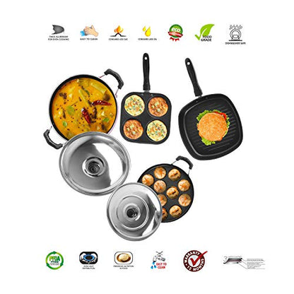 Sumeet 2.6mm Thick Non-Stick Hiri Cookware Set (Mini Multi Snack Maker – 19.5cm + Kadhai with Lid – 220cm Dia + Grill Appam Patra with Lid – 23cm Dia + Grill Pan – 1.1Ltr Capacity-22cm-Dia