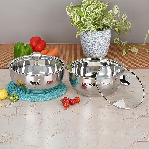 Sumeet Smart Serve Stainless Steel Double Wall Insulated Hot Sabji/Gravy/Meal Pot/Server/Casserole with Glass Lid, 1L, Set of 2pc, Silver