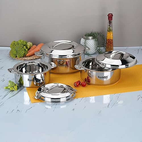 Sumeet Smart Serve Stainless Steel Double Wall Insulated Small Hot Pot/Hot Meal Box/Casserole Combo of 3Pc, 1L, 1.5L & 2.5L, Silver