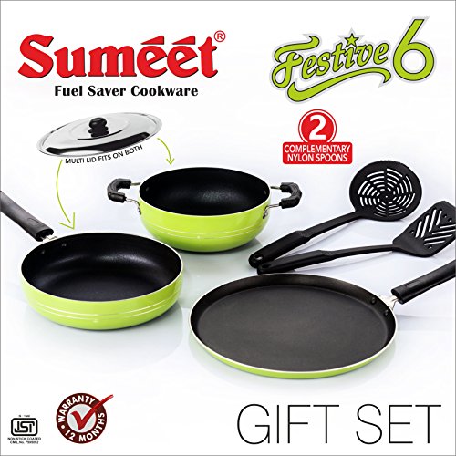 Sumeet Nonstick Festive Six Gift Set (1 Tawa, 1 Kadhai with S.S. Lid, 1 Fry pan, 2 Nylone Spatulas) (Green)