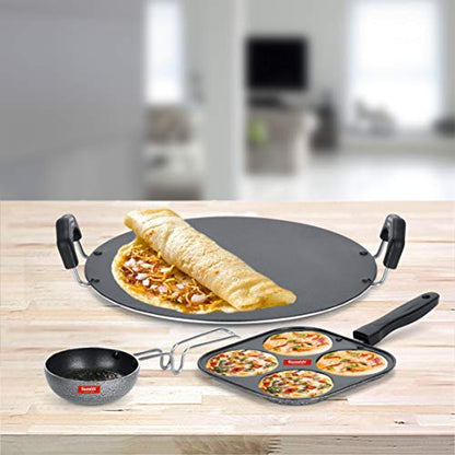 Sumeet NonStick Pilkas Cookware Set (Tawa-30.5cm Dia + Mini Multi Snack Maker - 4 Cavity -19.5cm + Waghariya/Tadka pan - 190Ml - 10Cm Dia)