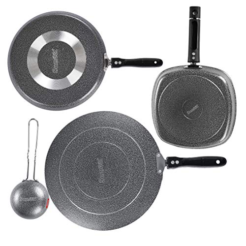 Sumeet NonStick Beltza Cookware Set (Dosa Tawa - 26.5Cm Dia + Grill Pan-22cm Dia + Tapper pan - 0.6Ltr - 20Cm Dia + Waghariya/Tadka pan - 190Ml - 10Cm Dia)