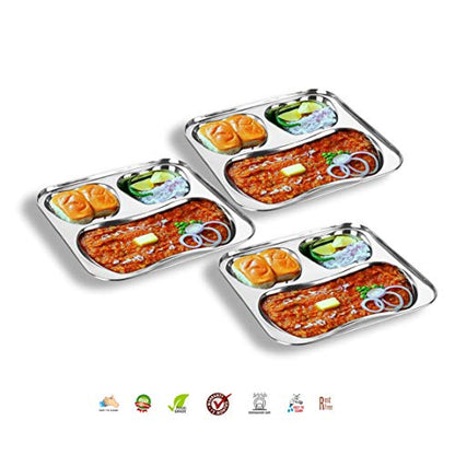 Sumeet Stainless Steel 3 in 1 Pav Bhaji Plate/Compartment Plate 21.5cm Dia - Set of 3pc