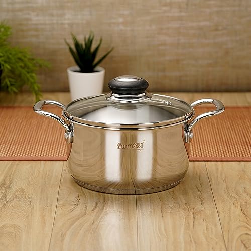 Sumeet Stainless Steel Induction Bottom (Encapsulated Bottom) Casserole with Glass Lid 2.5 LTR, 18 cm Dia, Silver