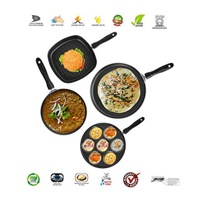 Sumeet 2.6mm Thick Non-Stick Merah Cookware Set (Dosa Tawa – 26.5cm Dia + Multi Snack Maker – 26.5cm Dia + Grill Pan – 1.1Ltr Capacity – 22cm Dia + Tapper pan – 20cm Dia)