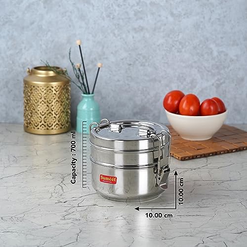 ﻿Sumeet Stainless Steel Small Size 2 Compartment Lunch Box/Tiffin with Lid and Handle, 10Cm Dia, (700ML, Silver)