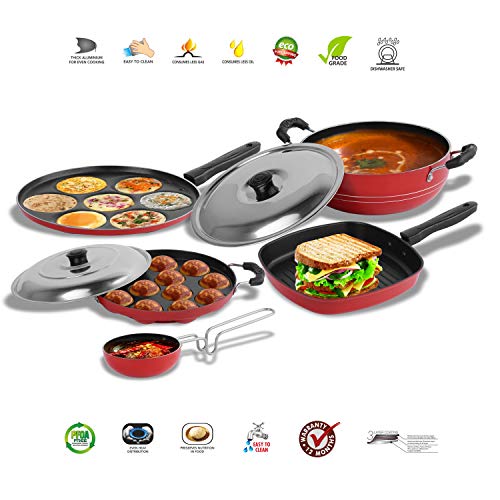 Sumeet 2.6mm Thick Non-Stick Red Wave Cookware Set (Multi Snack Maker – 26.5cm Dia + Kadhai with Lid – 1.5Ltr + Grill Appam Patra with Lid – 23cm Dia + Grill Pan – 1.1Ltr + Tadka Pan – 10cm Dia)