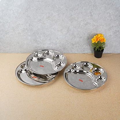 Sumeet Stainless Steel Round 5 in 1 Compartment Lunch / Dinner Plate Set of 3Pcs, 34cm Dia, Silver