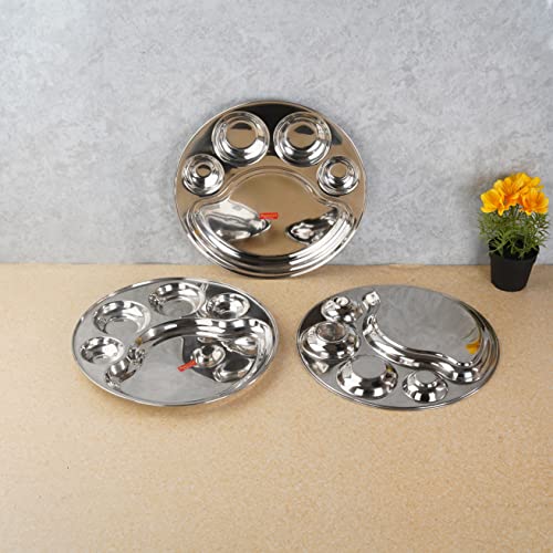 Sumeet Stainless Steel Round 5 in 1 Compartment Lunch / Dinner Plate Set of 3Pcs, 34cm Dia, Silver