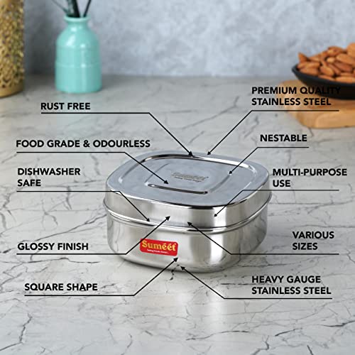 Sumeet Stainless Steel Square Storage containers Box/Dabba for Kitchen, Set of 2Pcs, 550ml, 11cm Dia, Silver