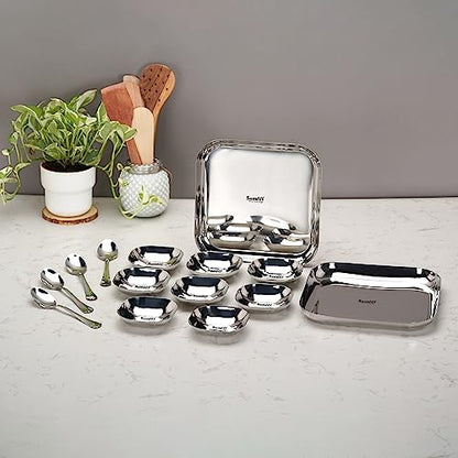 Sumeet Stainless Steel Square Shape Big Size Snack Serve/Namkeen Set of 14PC, Silver