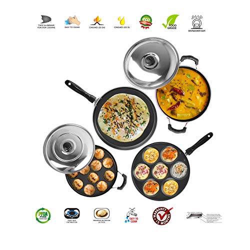 Sumeet 2.6mm Thick Non-Stick Shona Cookware Set (Dosa Tawa – 26.5cm Dia + Multi Snack Maker – 26.5cm Dia + Kadhai with Lid – 1.5Ltr Capacity- 20cm Dia + Grill Appam Patra with Lid – 23cm Dia)