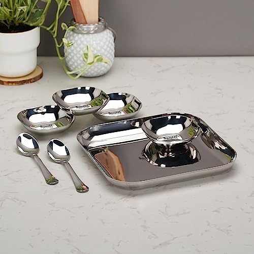 Sumeet Stainless Steel Square Shape Medium Size Snack Serve/Namkeen Set of 7PC, Silver