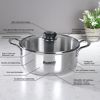 Sumeet Cook Smart TriPly SAS (Steel-Aluminium-Steel - 3 Layers) Casserole/Biryani Pot/Stock Pot with Glass Lid- 5.2Ltr - 26Cm, Silver