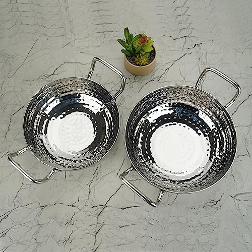 Sumeet Stainless Steel Handcrafted Hammered Mathar Kadai for Kitchen, Small & Med. Size, 1000ML & 1350ML, 16cm & 18cm Dia, Pack of 2, Silver