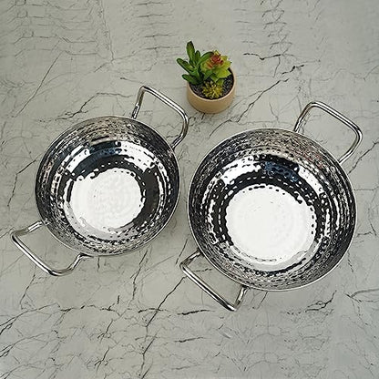 Sumeet Stainless Steel Handcrafted Hammered Mathar Kadai for Kitchen, Small & Med. Size, 1000ML & 1350ML, 16cm & 18cm Dia, Pack of 2, Silver