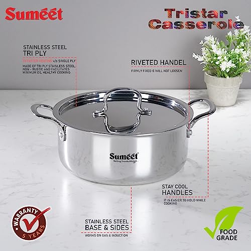 Sumeet Cook Smart TriPly SAS (Steel-Aluminium-Steel - 3 Layers) Casserole/Biryani Pot/Stock Pot with S.S. Lid- 3.75Ltr - 22 Cm, Silver