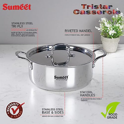 Sumeet Cook Smart TriPly SAS (Steel-Aluminium-Steel - 3 Layers) Casserole/Biryani Pot/Stock Pot with S.S. Lid- 3.75Ltr - 22 Cm, Silver