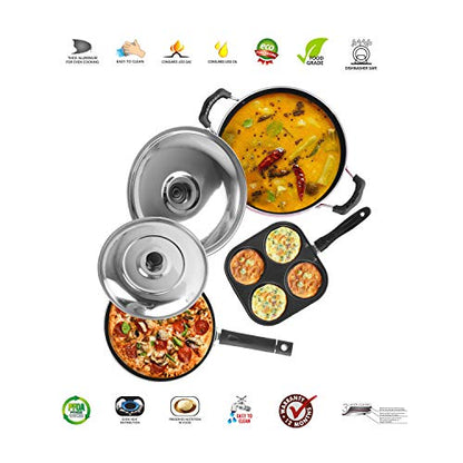 Sumeet 2.6mm Thick Non-Stick Fiona Combo Set (Mini Multi Snack Maker – 19.5cm Dia + Kadhai with Lid – 1.5Ltr Capacity- 20cm Dia + Pizza Pan – 23cm Dia)