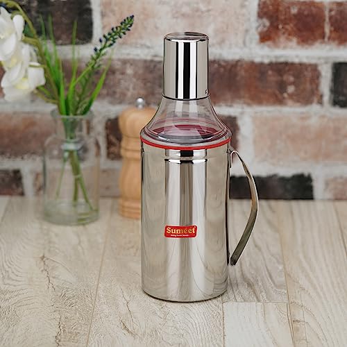 Sumeet Stainless Steel Nozzle Oil Dispenser |Oil Bottle | Oil Container | Oil Pourer | Vinegar Bottle | Olive Oil Bottle | Oil Can with with Handle, 1000ML, Pack of 1, Silver