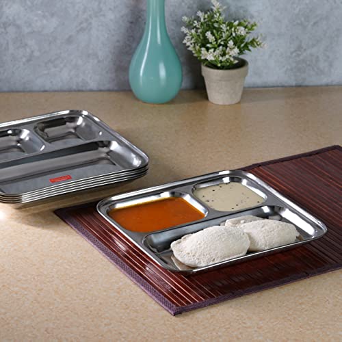 Sumeet Stainless Steel 3 in 1 Idli WADA Compartment Plate / Snack Plate / Breakfast Plate Set of 6Pcs, 24.5cm Dia, Silver