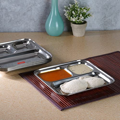 Sumeet Stainless Steel 3 in 1 Idli WADA Compartment Plate / Snack Plate / Breakfast Plate Set of 6Pcs, 24.5cm Dia, Silver