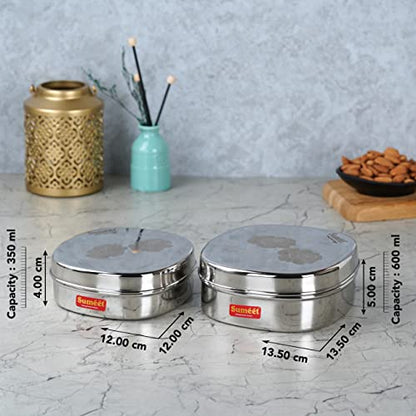 Sumeet Stainless Steel Designer Square Storage containers Box/Dabba for Kitchen, Set of 2Pcs, 350ml & 600ml, 12cm & 13.5cm Dia, Silver