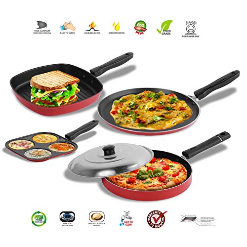 Sumeet 2.6mm Thick Non-Stick Vermell Cookware Set (Dosa Tawa – 26.5cm Dia + Mini Multi Snack Maker – 19.5cm Dia + Grill Pan – 1.1Ltr Capacity – 22cm Dia + Pizza Pan – 23cm Dia)