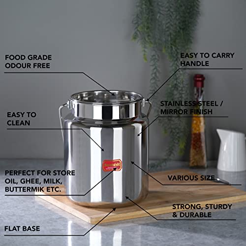 Sumeet Stainless Steel Akhand - Jointless Milk Can/Oil Can/Milk Barni/Oil Pot with Lid, 1250ML Capacity, 11Cm Dia, Silver