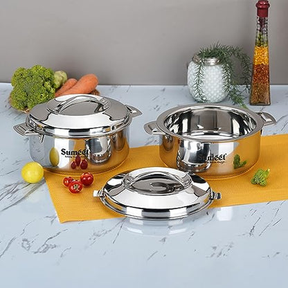 Sumeet Smart Serve Stainless Steel Double Wall Insulated Small Hot Pot/Hot Meal Box/Casserole Set of 2Pc, 2.5L Each, Silver