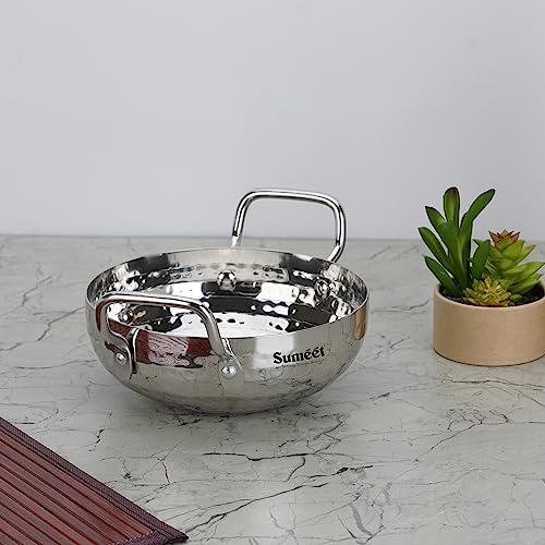 Sumeet Stainless Steel Handcrafted Hammered Mathar Kadai for Kitchen, Medium Size, 1350ML, 18cm Dia, Pack of 1, Silver