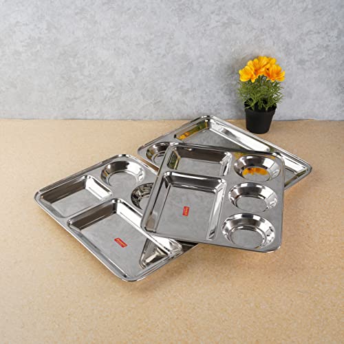 Sumeet Stainless Steel Rectangular 5 in 1 Compartment Lunch / Dinner Plate Set of 3Pcs, 37.4cm Dia, Silver