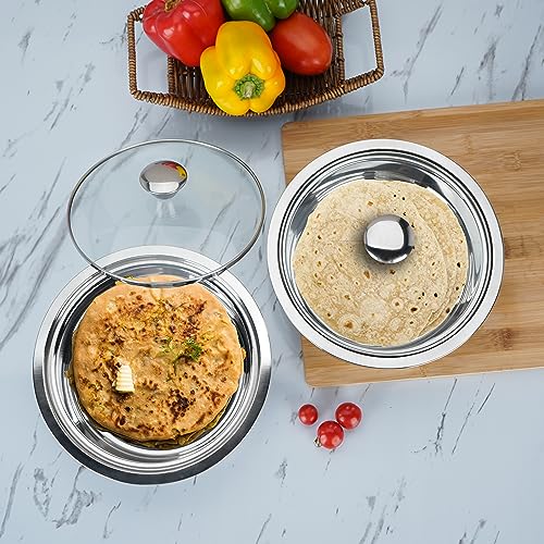 Sumeet Smart Serve Stainless Steel Double Wall Insulated Hot Roti/Chapati Pot/Server/Casserole with Glass Lid, 1.600L, Set of 2pc, Silver