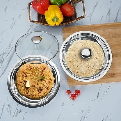 Sumeet Smart Serve Stainless Steel Double Wall Insulated Hot Roti/Chapati Pot/Server/Casserole with Glass Lid, 1L, Set of 2pc, Silver