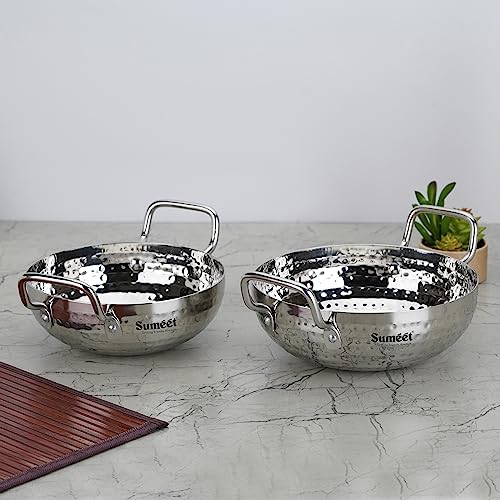 Sumeet Stainless Steel Handcrafted Hammered Mathar Kadai for Kitchen, Medium Size, 1350ML & 1700ML, 18cm & 20cm Dia, Pack of 2, Silver